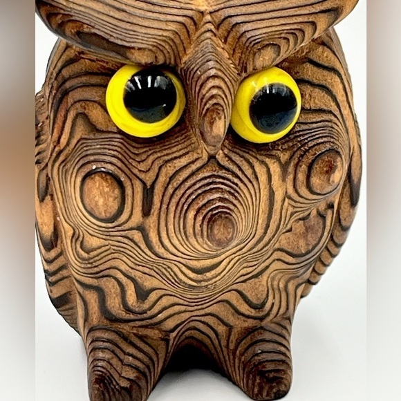 Other - Japanese wooden Owl/Folk Art/MCM 2.5” tall/Glass yellow eyes/Boho